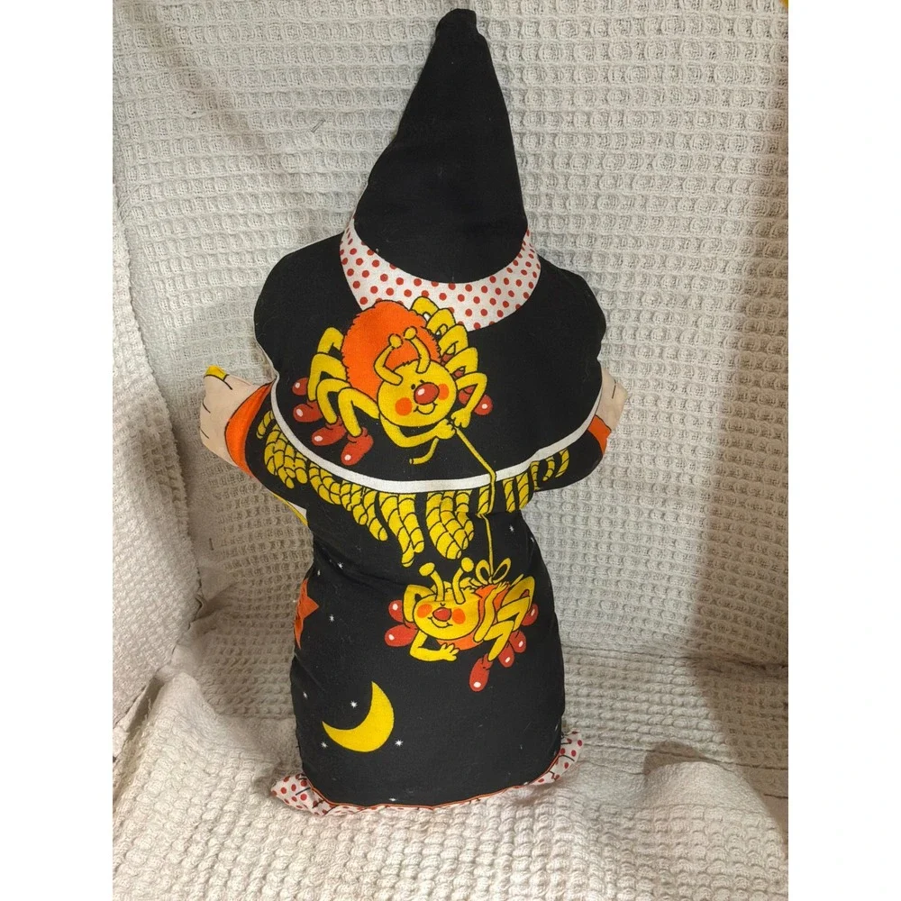 Vintage Halloween Witch Plush Pillow 18 Inch Black Orange Yellow Retro Decor
